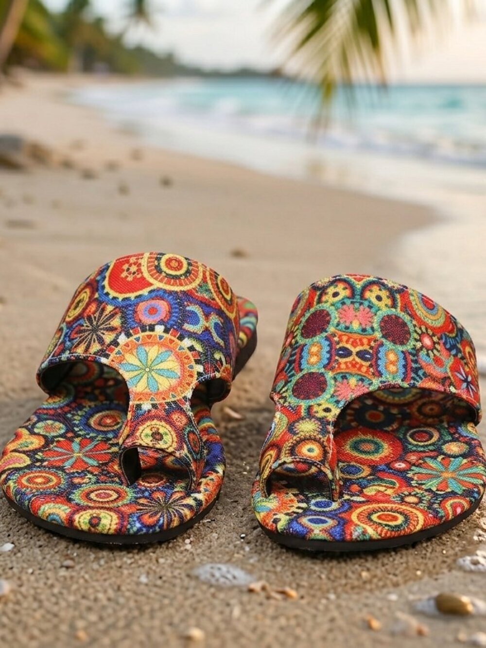 Summer Vibrant Paisley Print Toe Ring Flat Sandals Bohemian Thong Slide Sandals